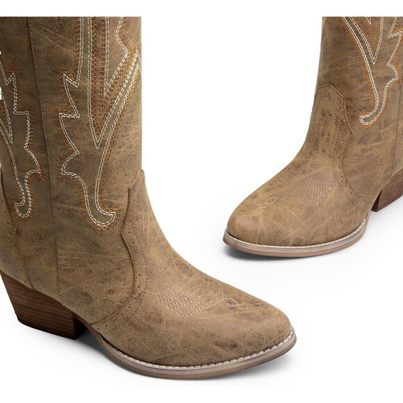 Womens Faux Leather Tan Embroidered Side Zipper Chunky Heel Retro Tall Boot - Picture 7 of 9